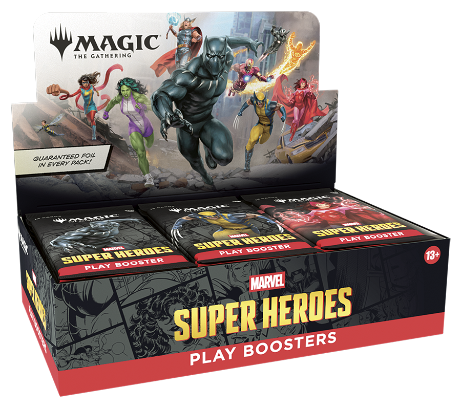 Box of Marvel Super Heroes Play Boosters with character illustrations on the packaging.