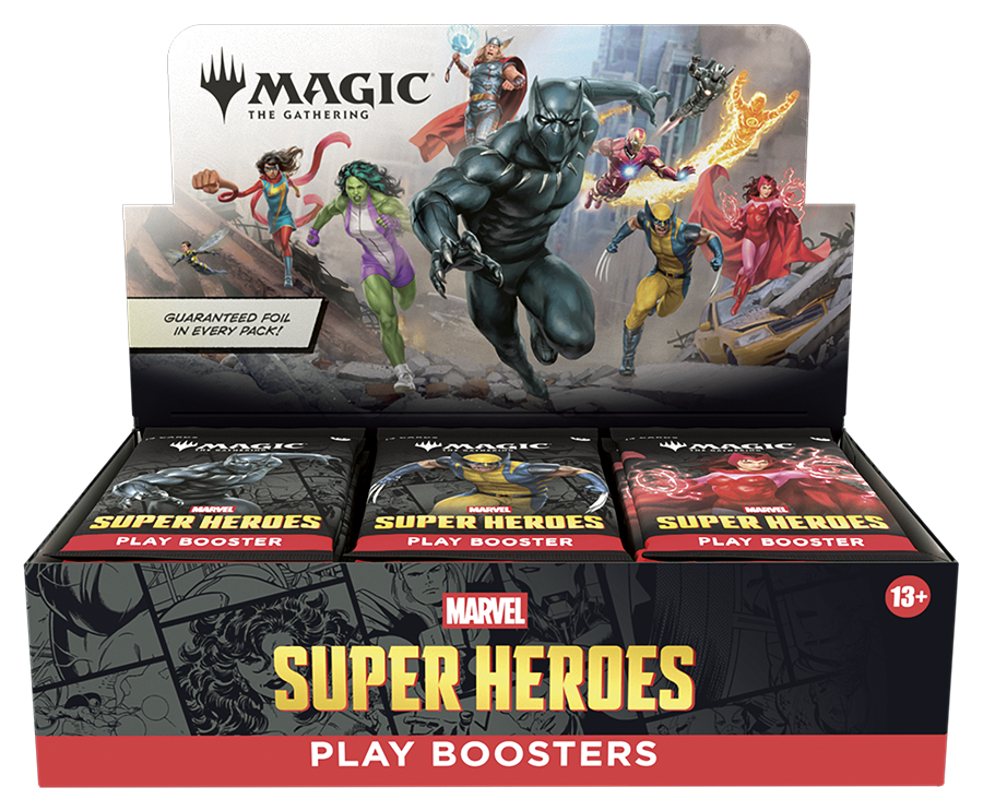 Box of Marvel Super Heroes Play Boosters with character illustrations on the packaging.