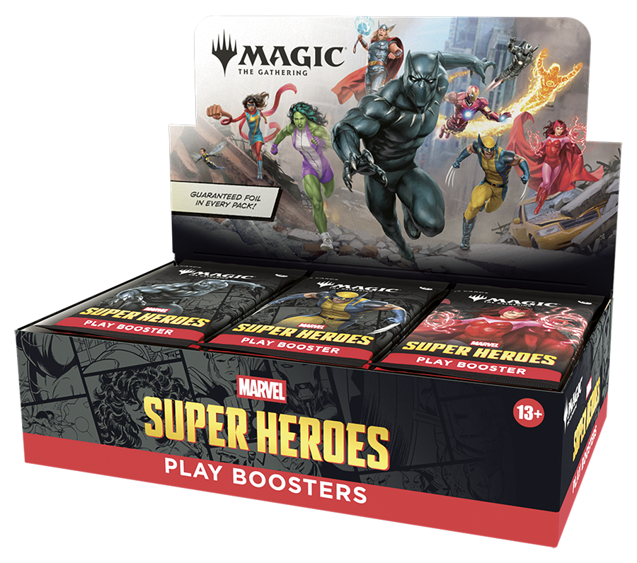 Box of Marvel Super Heroes Play Boosters with character illustrations on the packaging.