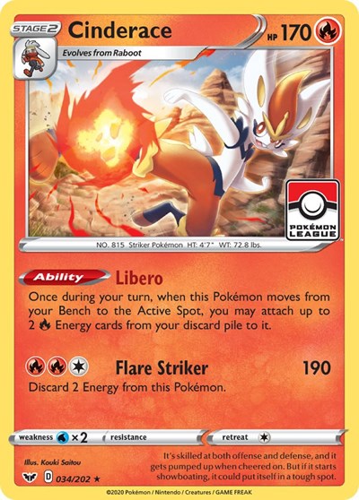 Cinderace - 034/202 (Pokemon League) (League and Championship) Light Play Reverse Holofoil